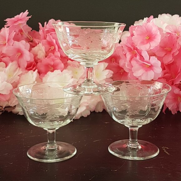 3pc Bohemia Crystal Etched Thistle Coupe Champagne or Sherbet Glasses - Picture 2 of 9